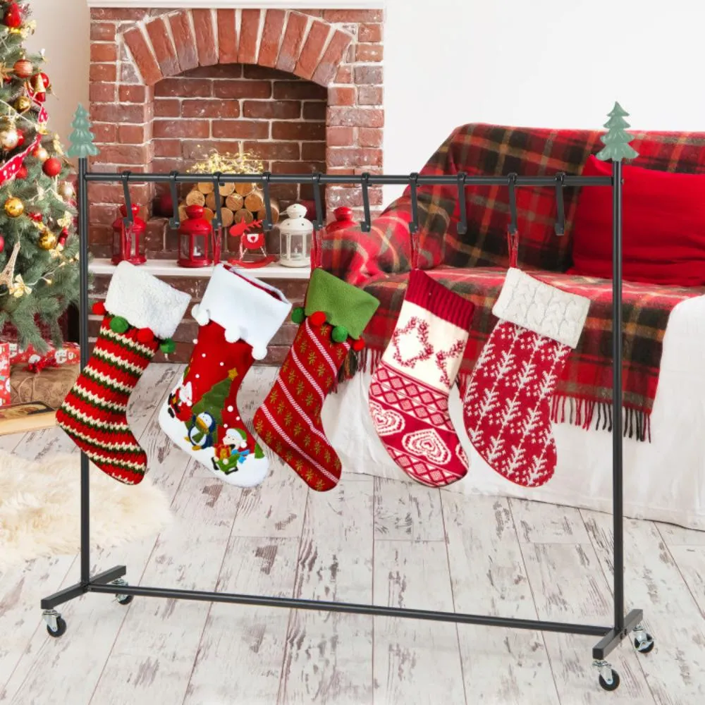 10-Hook Christmas Stocking Holder Stand on Wheels Freestanding Rack-Black