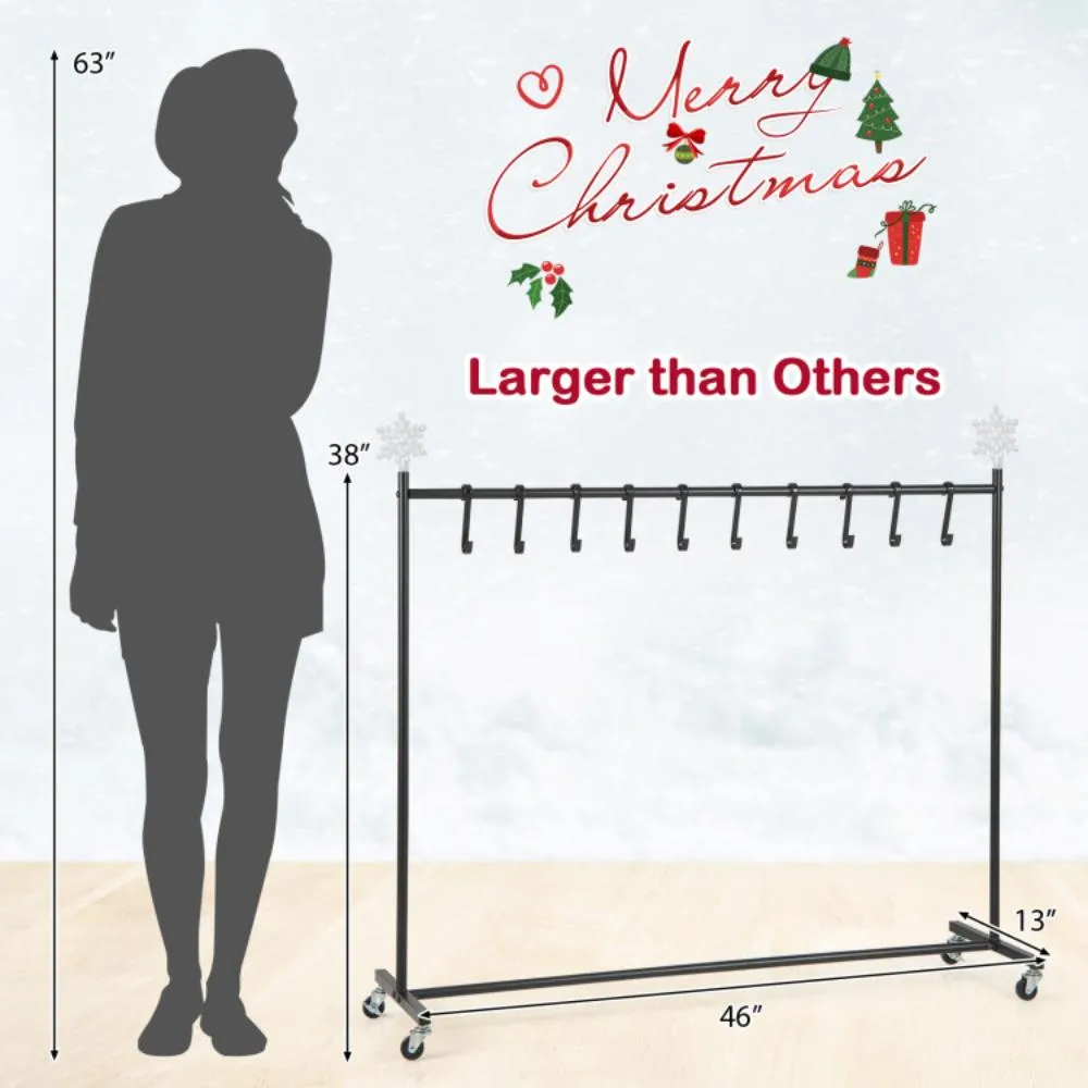 10-Hook Christmas Stocking Holder Stand on Wheels Freestanding Rack-Black