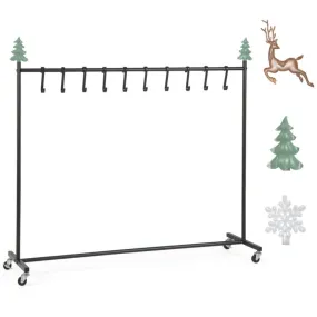 10-Hook Christmas Stocking Holder Stand on Wheels Freestanding Rack-Black