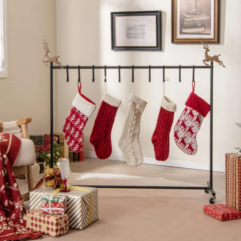 10-Hook Christmas Stocking Holder Stand on Wheels Freestanding Rack-Black