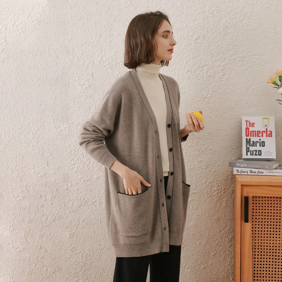 100% Cashmere Cardigan Elegant Long Knit Coat