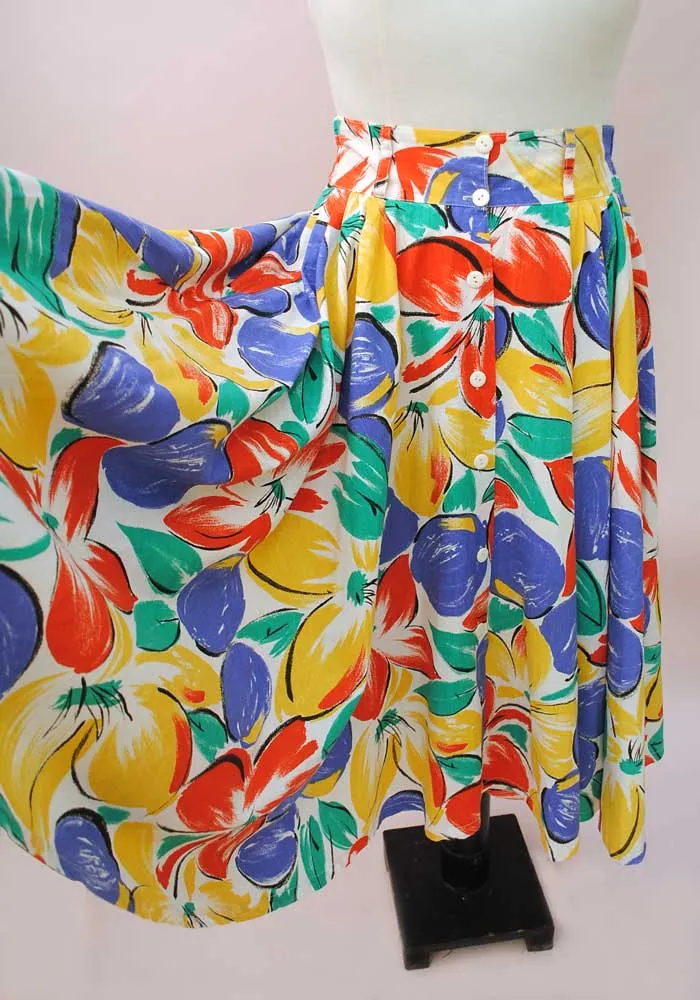 1980s Vintage Colourful Print Full Circle Skirt with Pockets