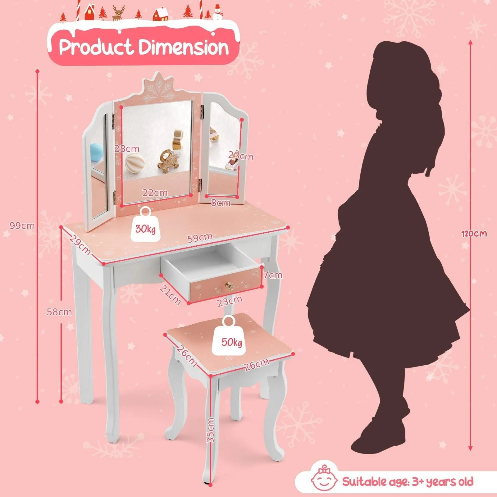 2 in 1 Kids Vanity Table and Stool Set for Girl Children-Pink Snowflake Print