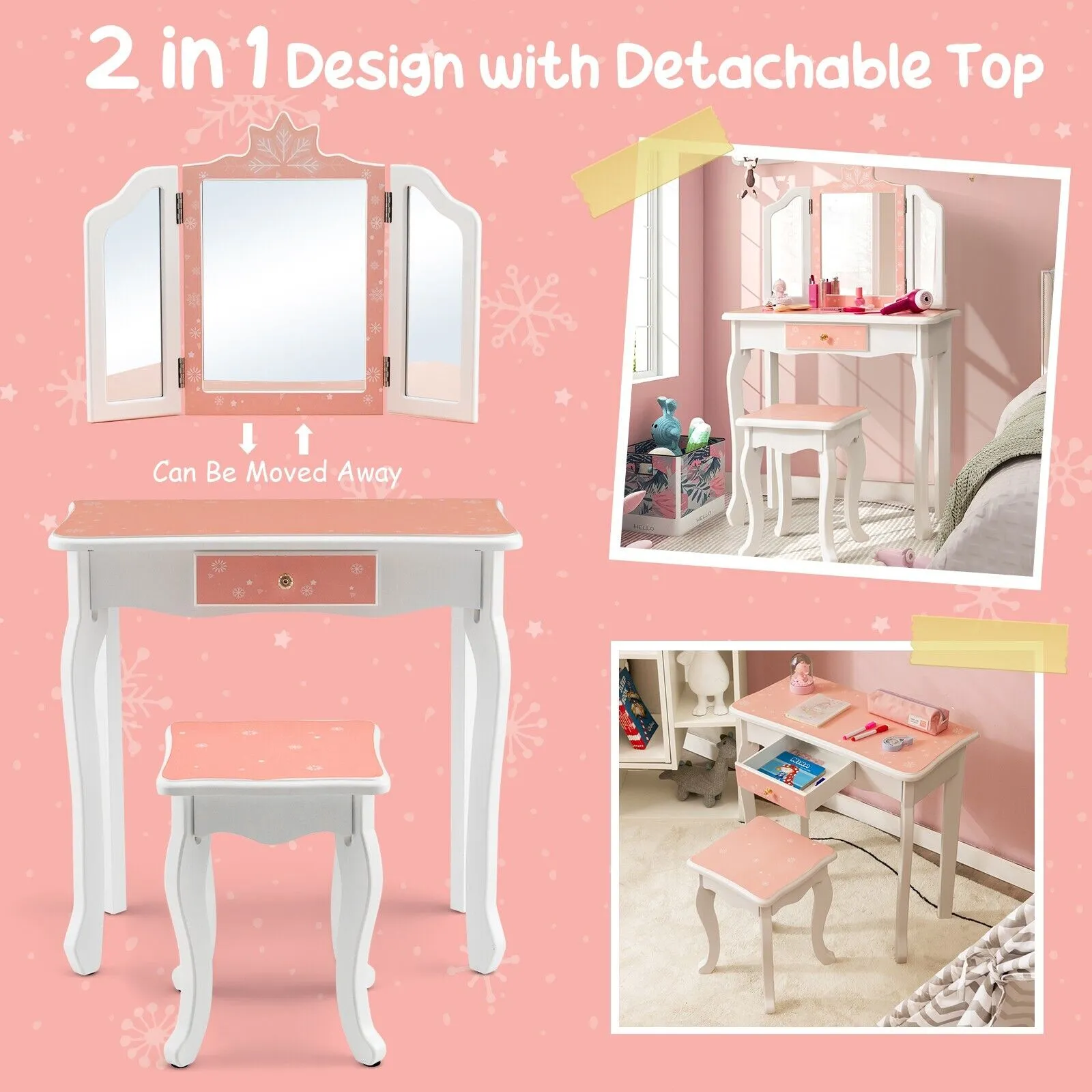 2 in 1 Kids Vanity Table and Stool Set for Girl Children-Pink Snowflake Print