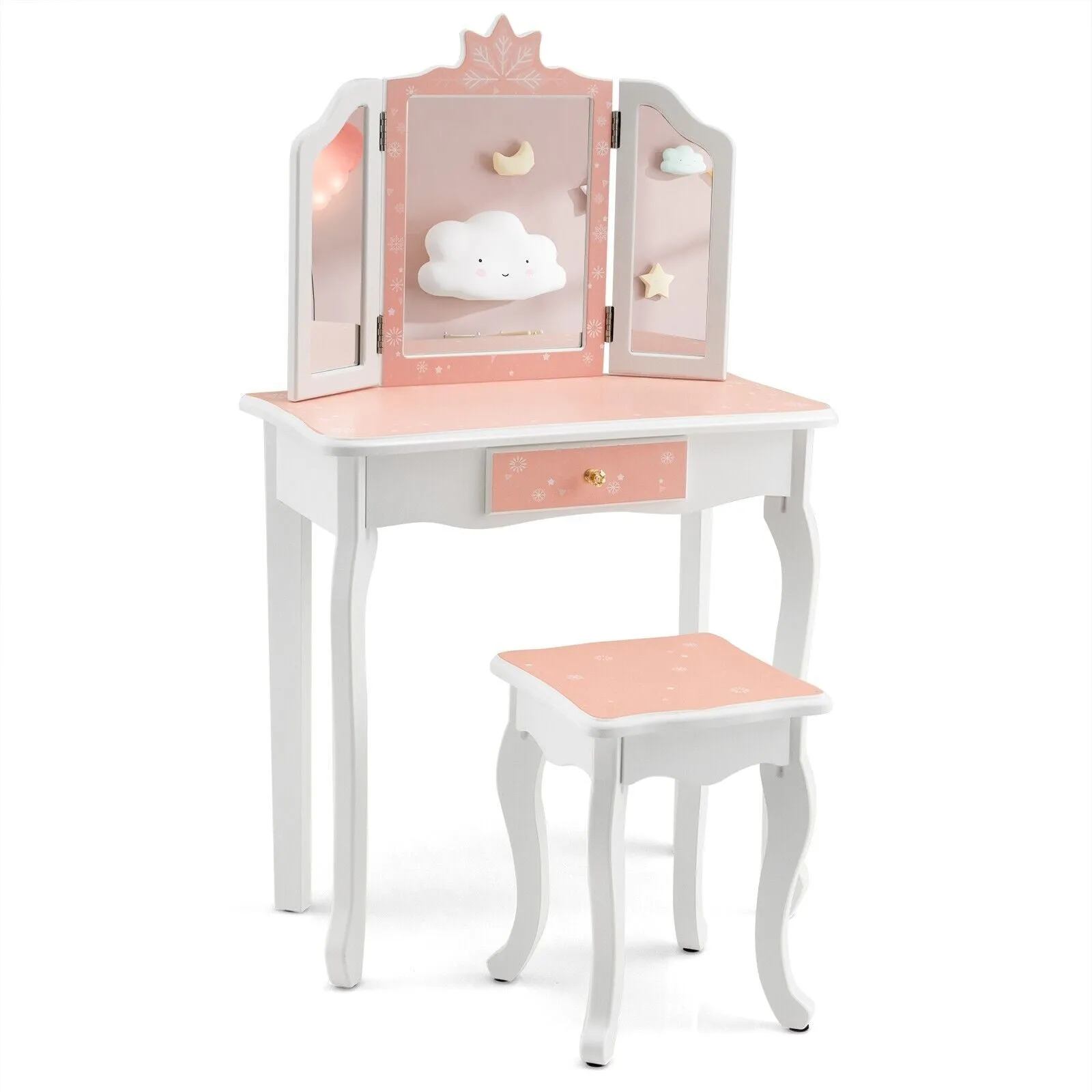 2 in 1 Kids Vanity Table and Stool Set for Girl Children-Pink Snowflake Print