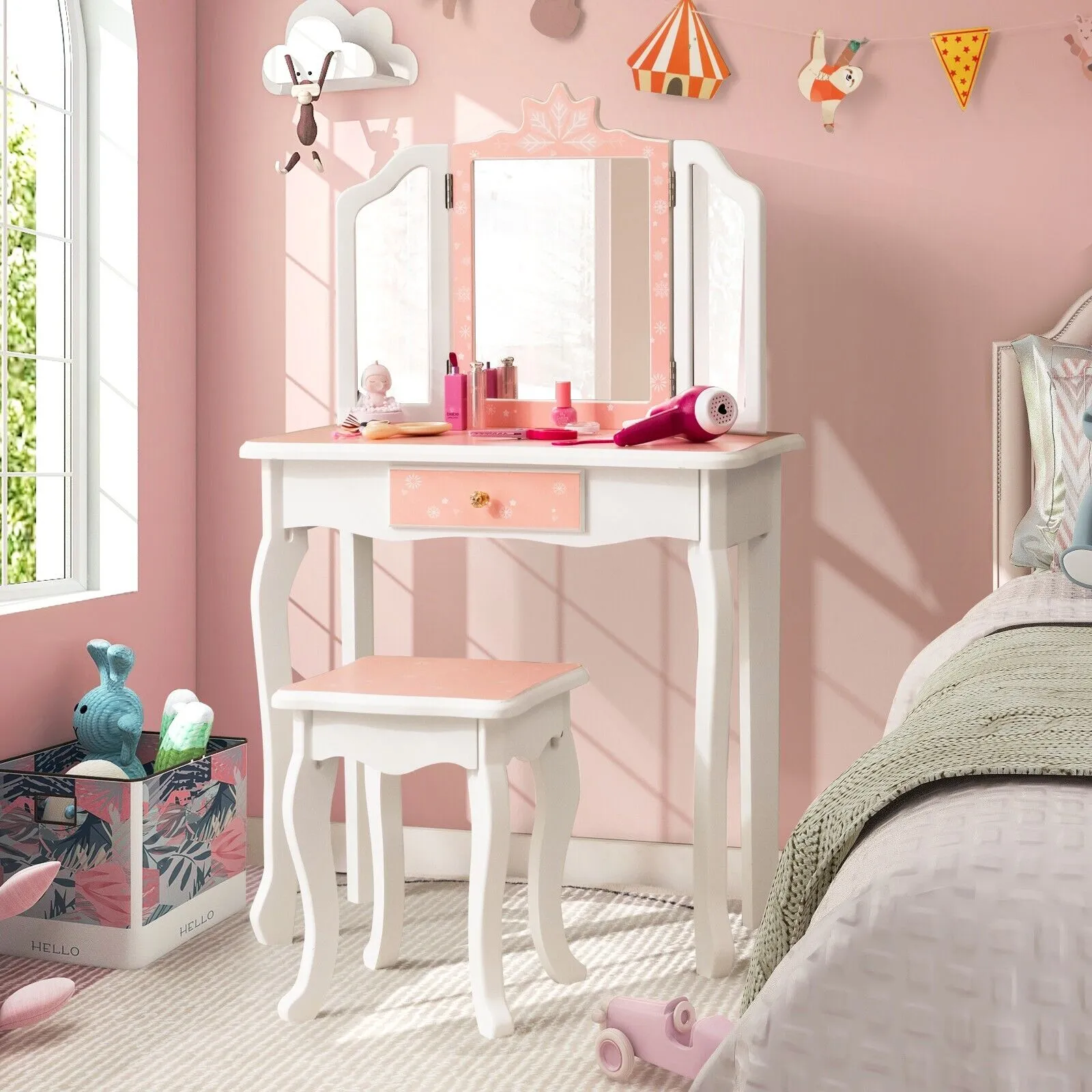 2 in 1 Kids Vanity Table and Stool Set for Girl Children-Pink Snowflake Print