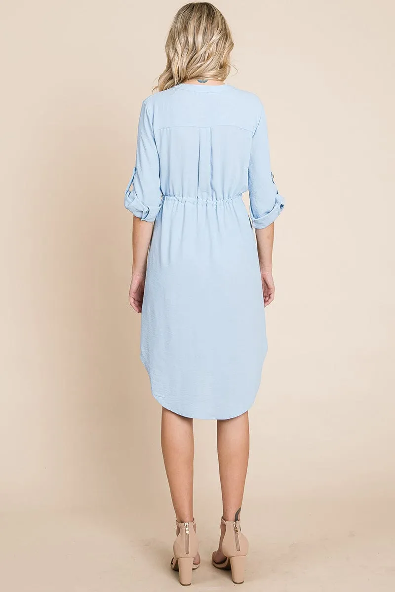 3/4 Sleeve Buttoned Waist Tie V Neck  Shirt Dress