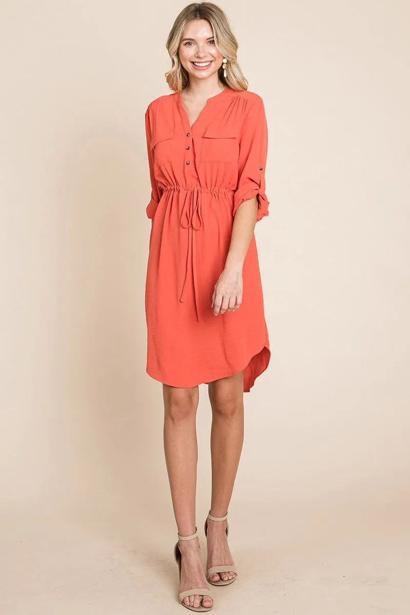 3/4 Sleeve Buttoned Waist Tie V Neck  Shirt Dress