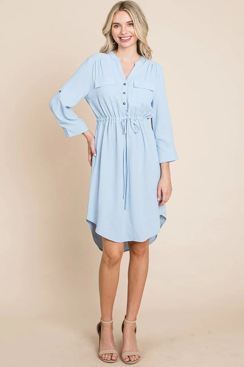 3/4 Sleeve Buttoned Waist Tie V Neck  Shirt Dress