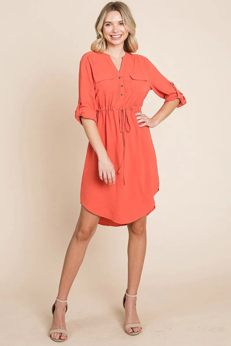 3/4 Sleeve Buttoned Waist Tie V Neck  Shirt Dress