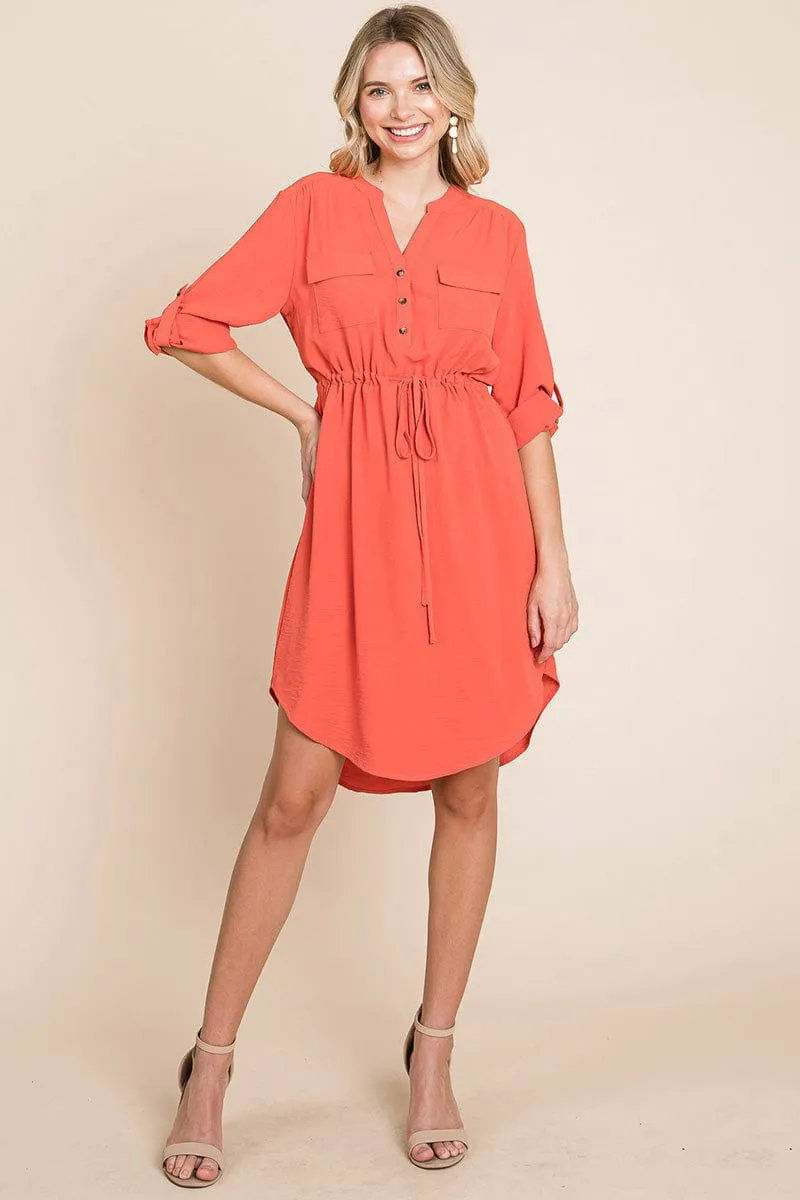 3/4 Sleeve Buttoned Waist Tie V Neck  Shirt Dress