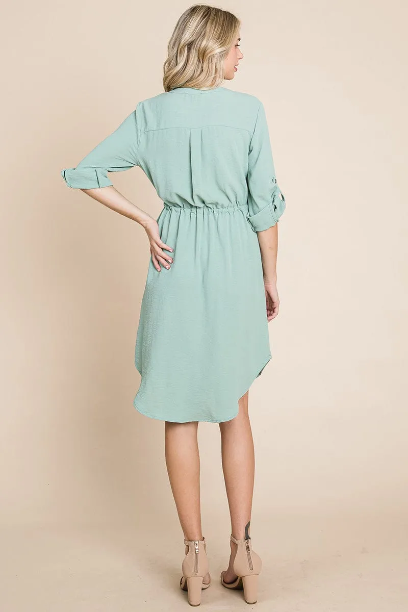 3/4 Sleeve Buttoned Waist Tie V Neck  Shirt Dress