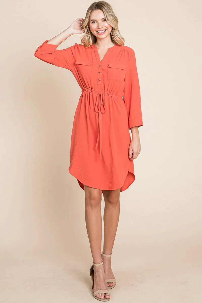 3/4 Sleeve Buttoned Waist Tie V Neck  Shirt Dress