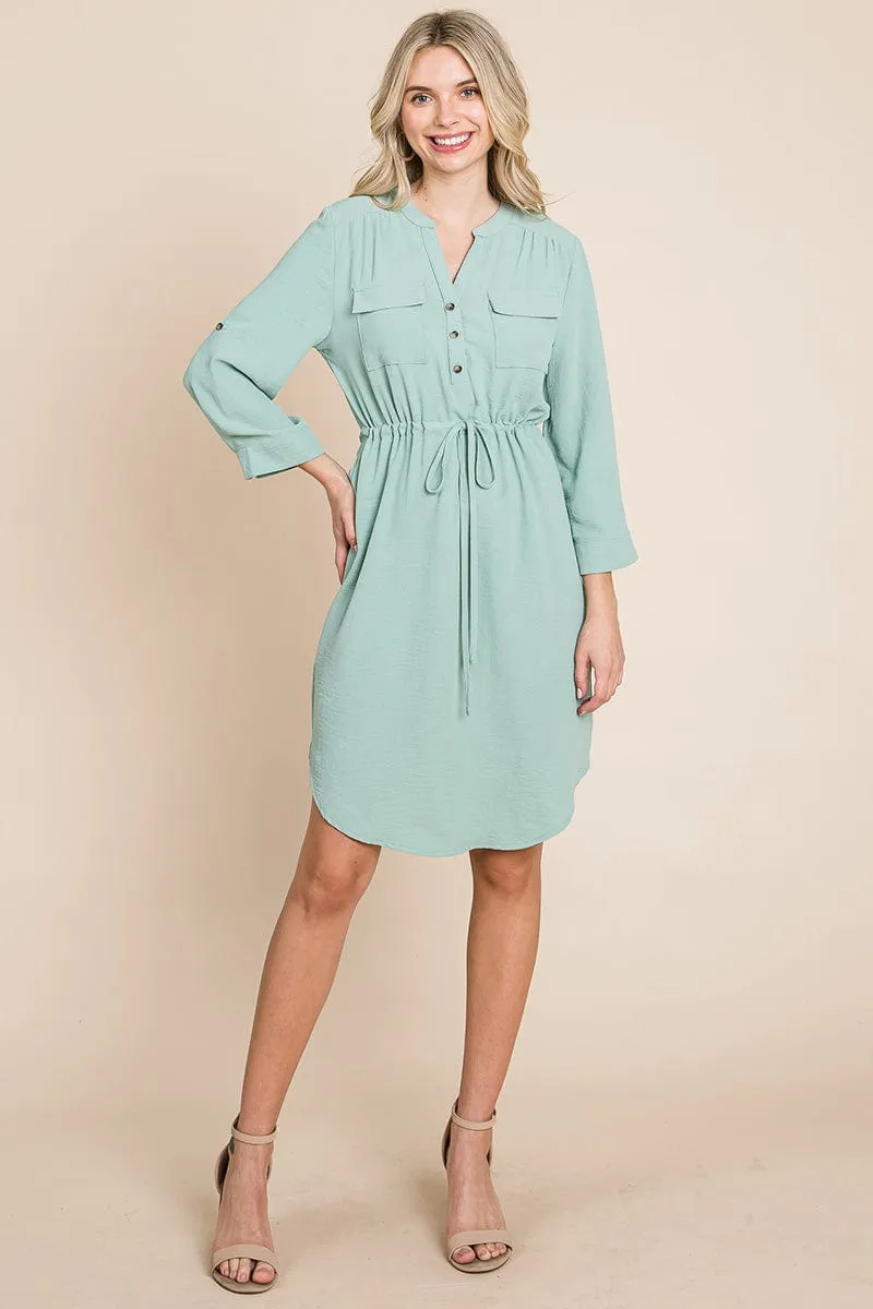 3/4 Sleeve Buttoned Waist Tie V Neck  Shirt Dress