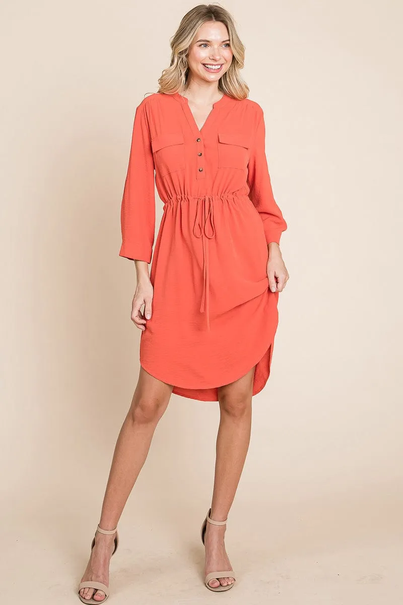 3/4 Sleeve Buttoned Waist Tie V Neck  Shirt Dress