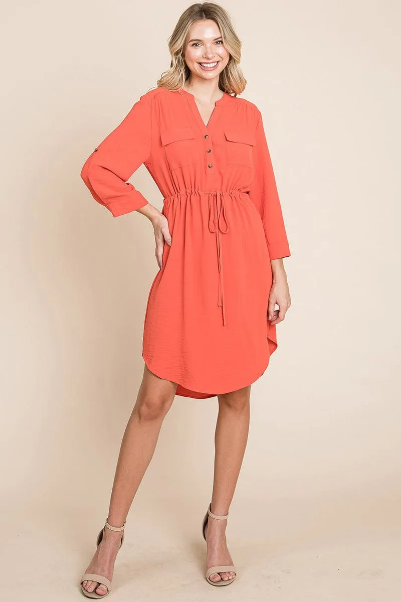 3/4 Sleeve Buttoned Waist Tie V Neck  Shirt Dress