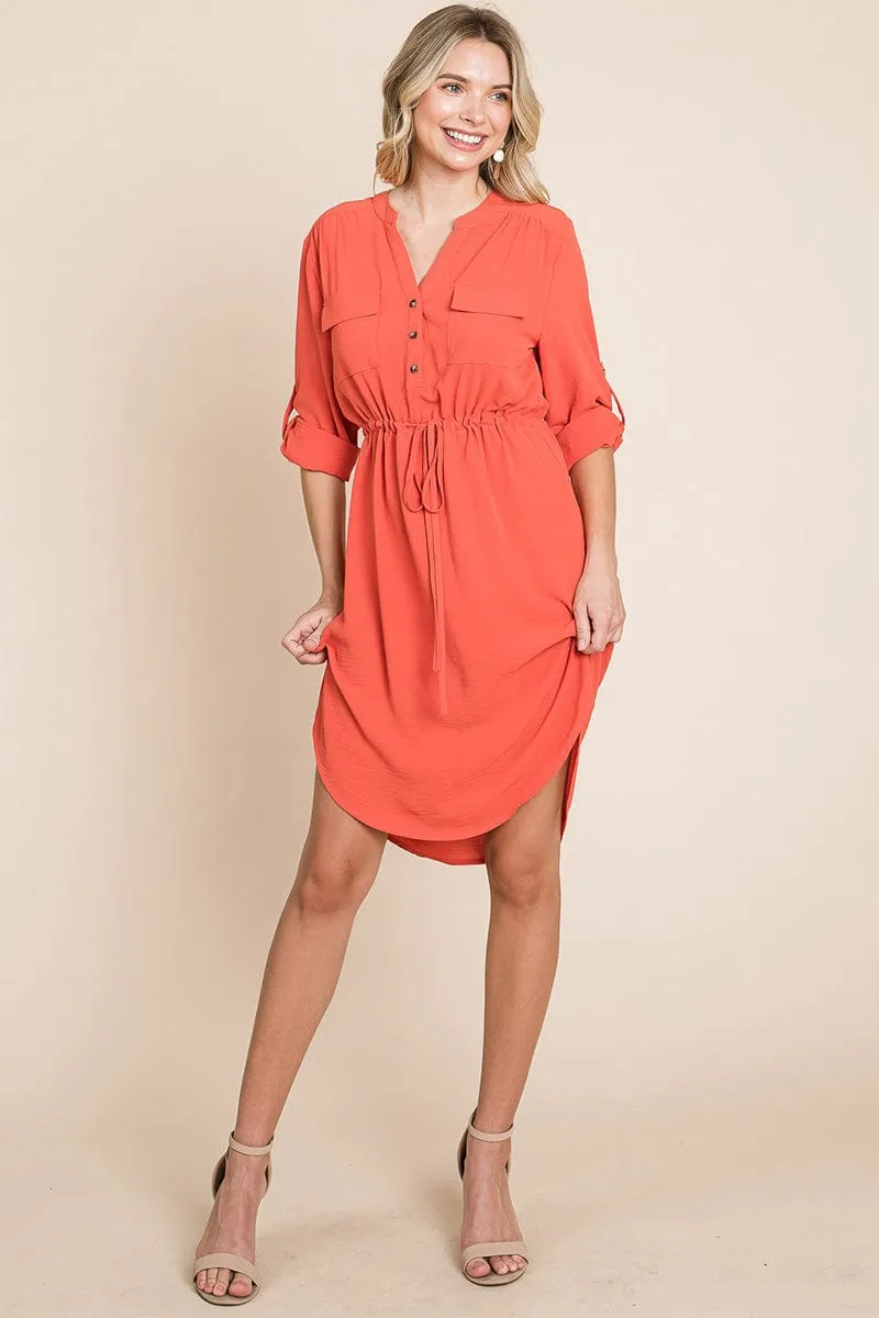 3/4 Sleeve Buttoned Waist Tie V Neck  Shirt Dress