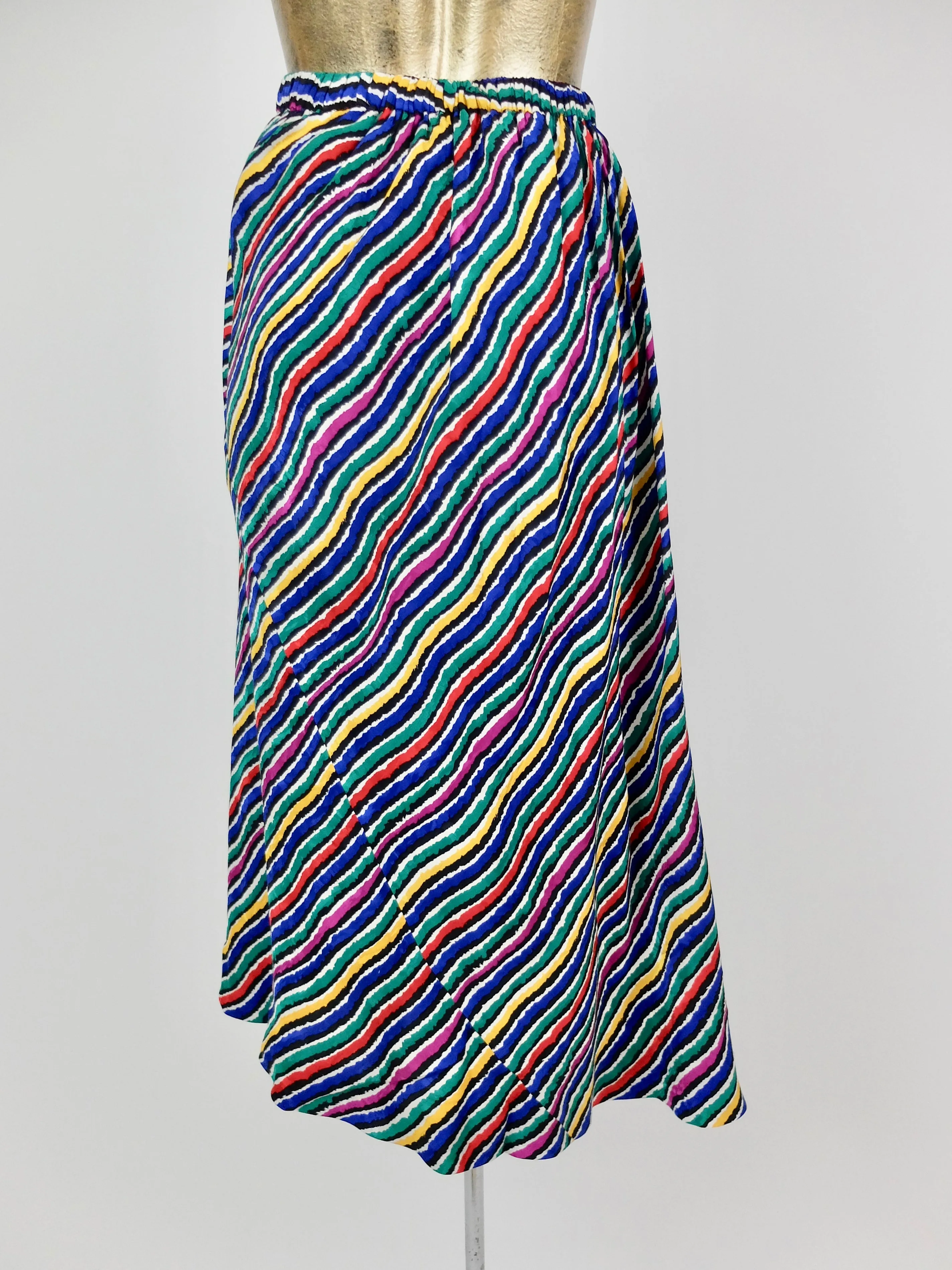 80s Rainbow Abstract Striped High Waisted Silk Midi Circle Skirt