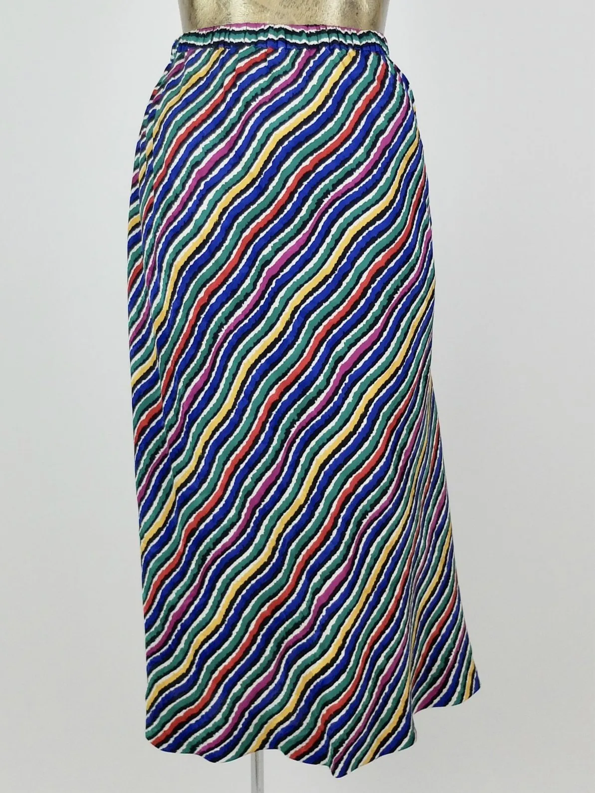 80s Rainbow Abstract Striped High Waisted Silk Midi Circle Skirt