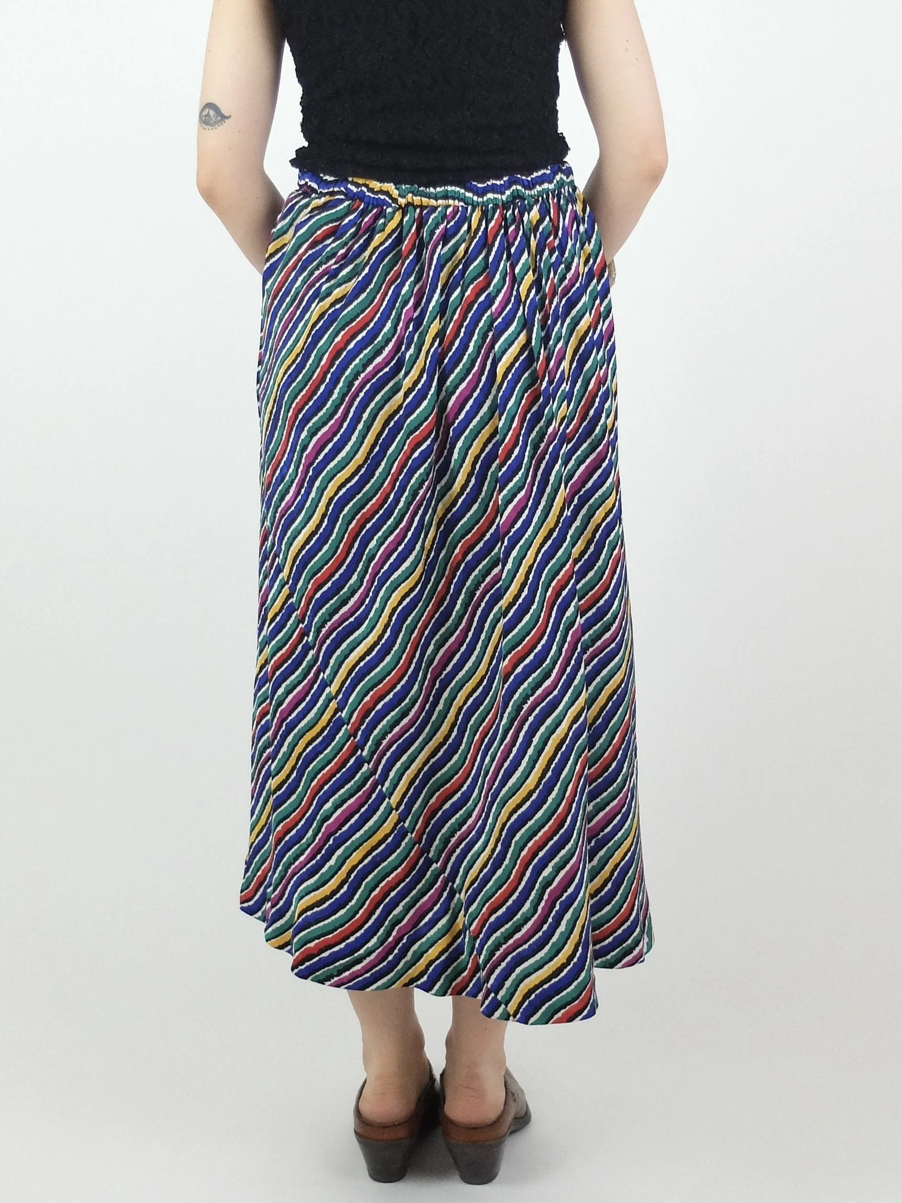 80s Rainbow Abstract Striped High Waisted Silk Midi Circle Skirt