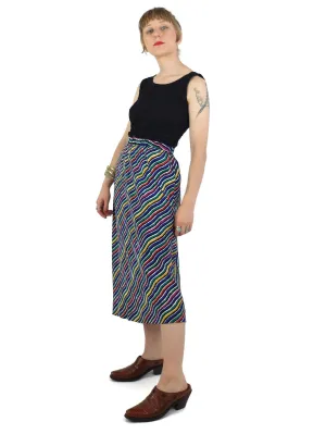 80s Rainbow Abstract Striped High Waisted Silk Midi Circle Skirt