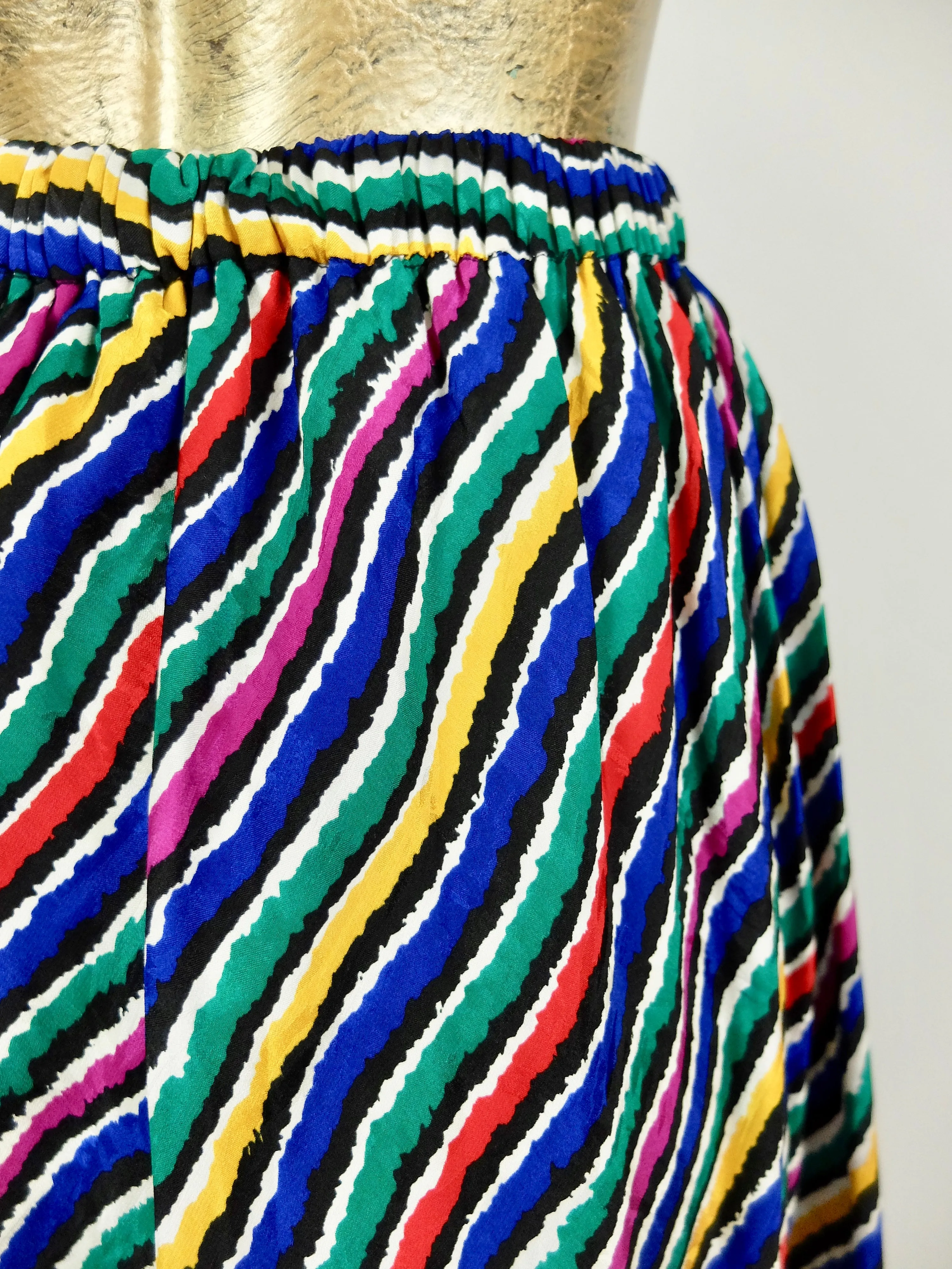 80s Rainbow Abstract Striped High Waisted Silk Midi Circle Skirt