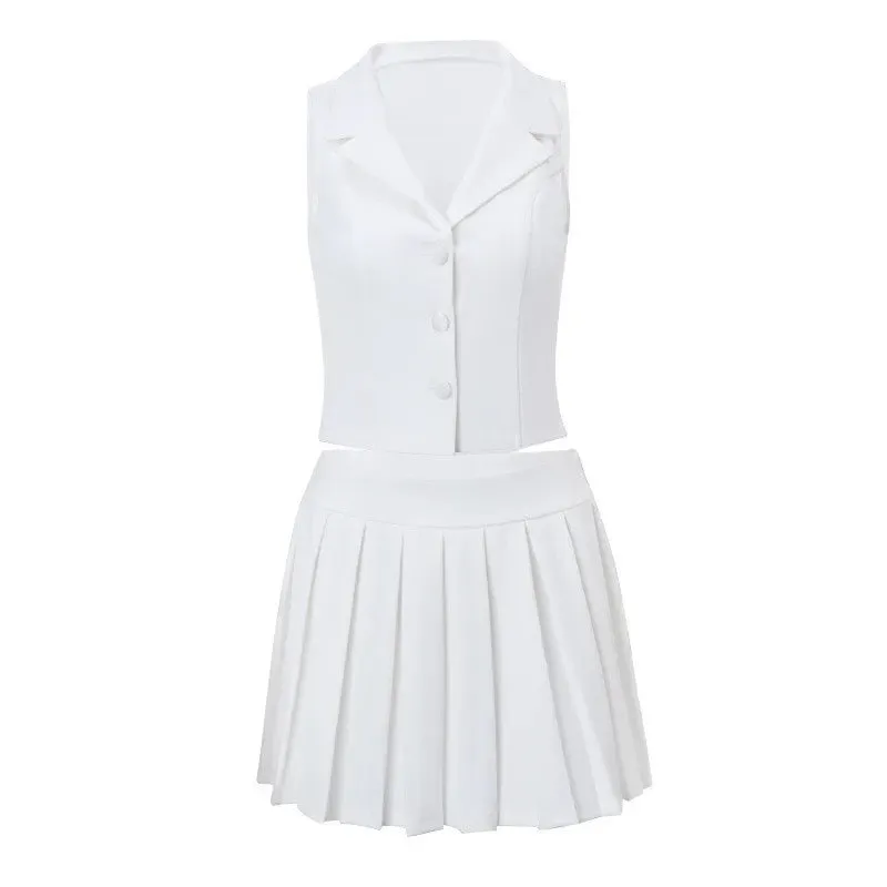 A&A Large Pleated Mini Skirt V Neck Suit