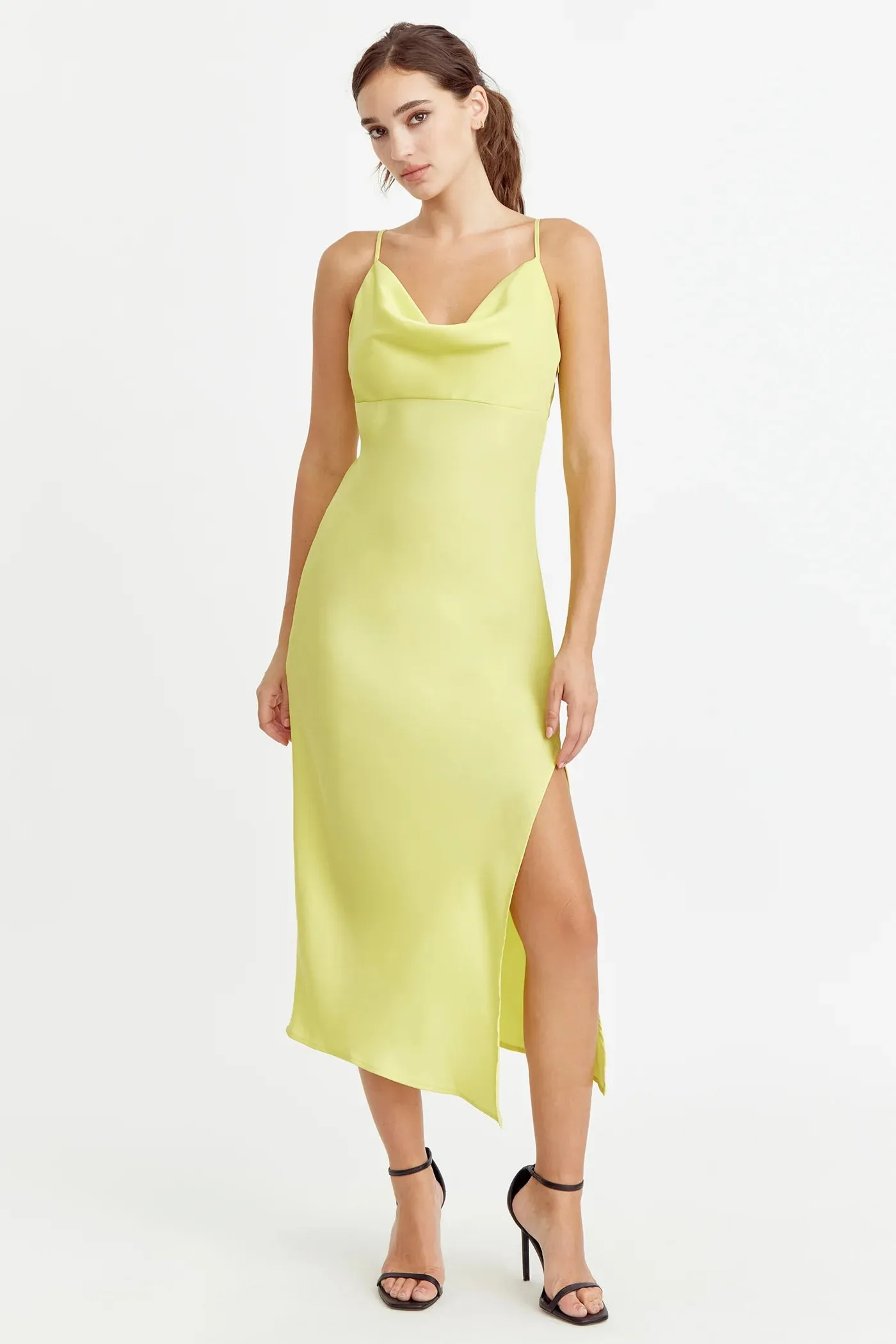 Adelyn Rae Faith Front Slit Slip Dress in Lime Yellow