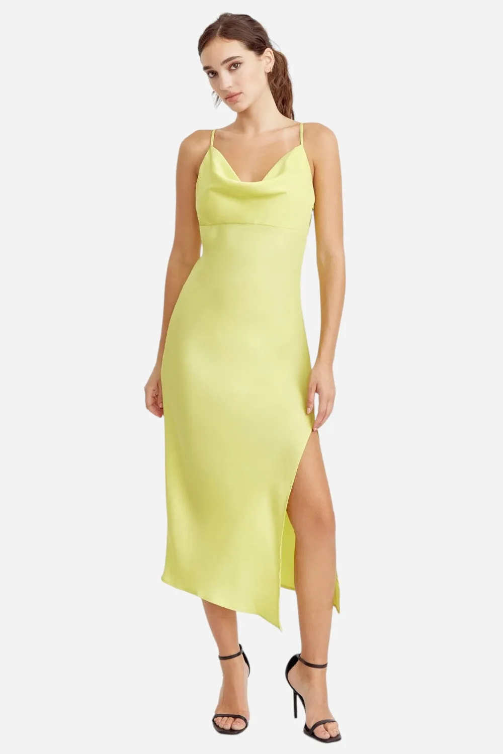 Adelyn Rae Faith Front Slit Slip Dress in Lime Yellow