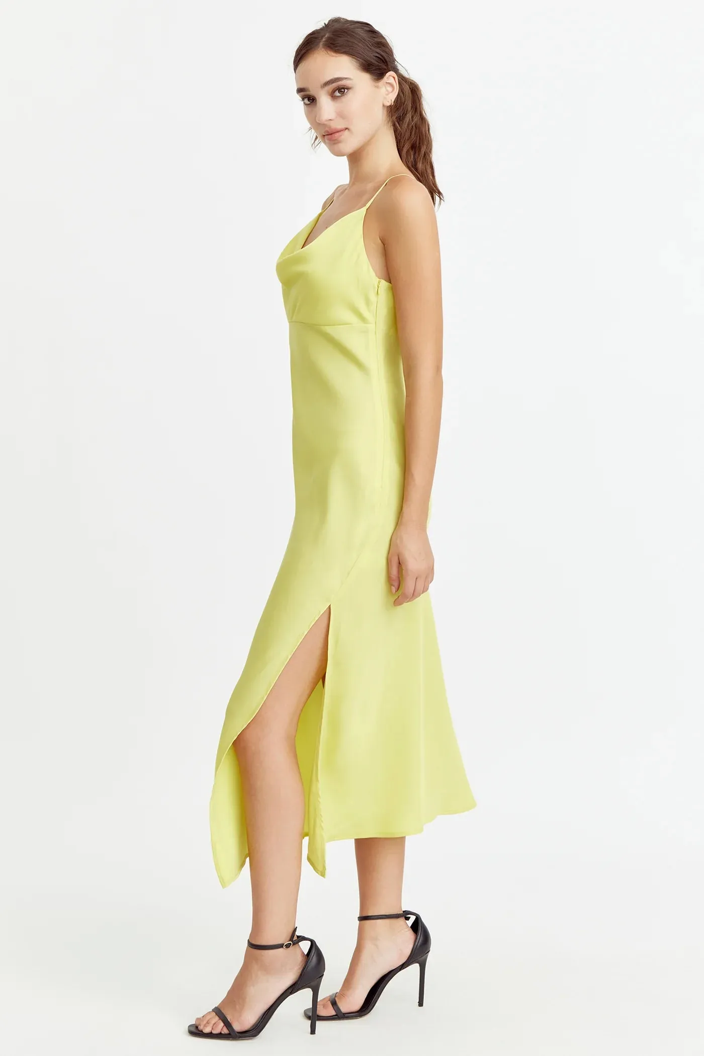 Adelyn Rae Faith Front Slit Slip Dress in Lime Yellow