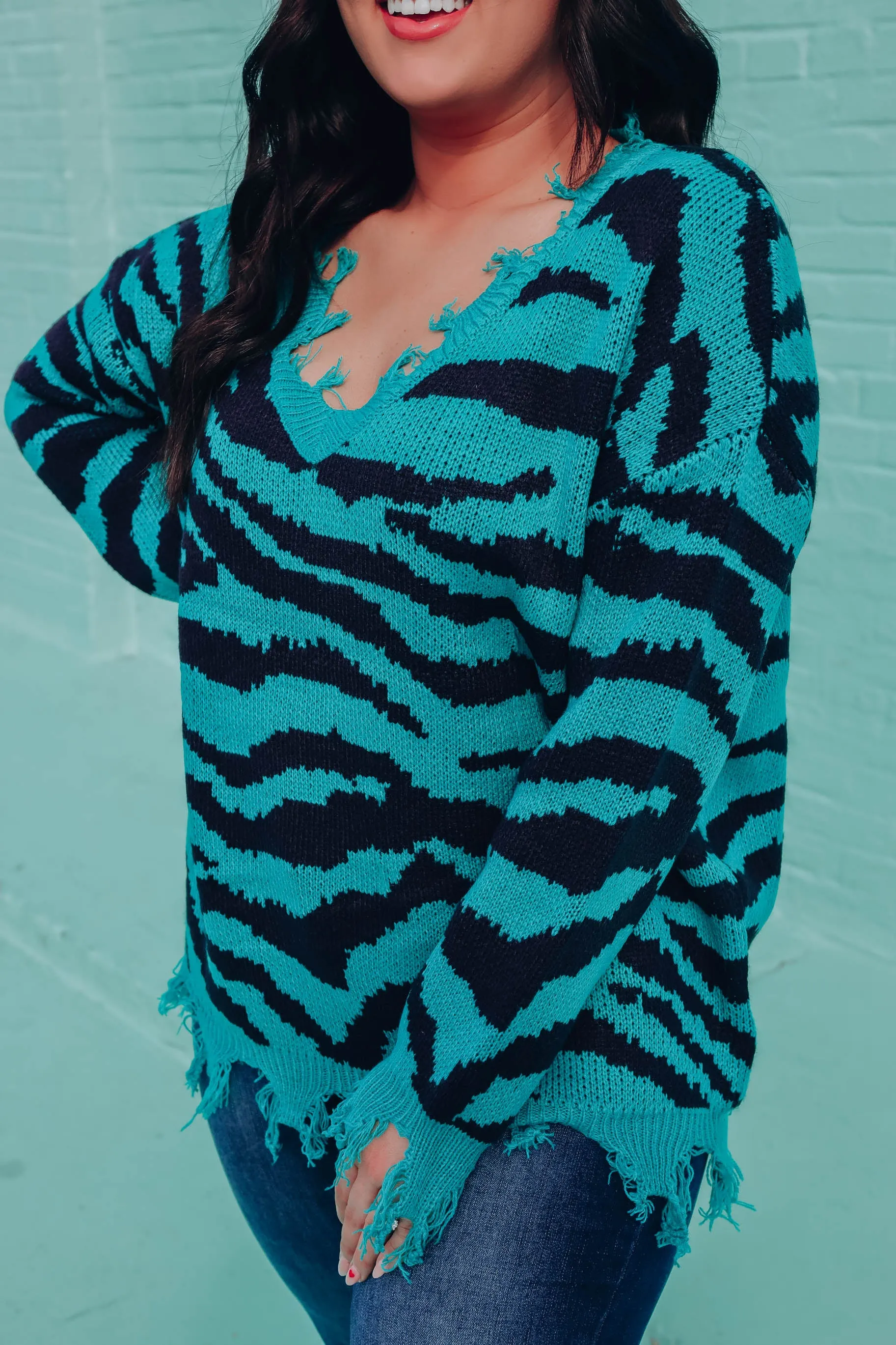 Alexia Distressed Zebra Sweater - Teal