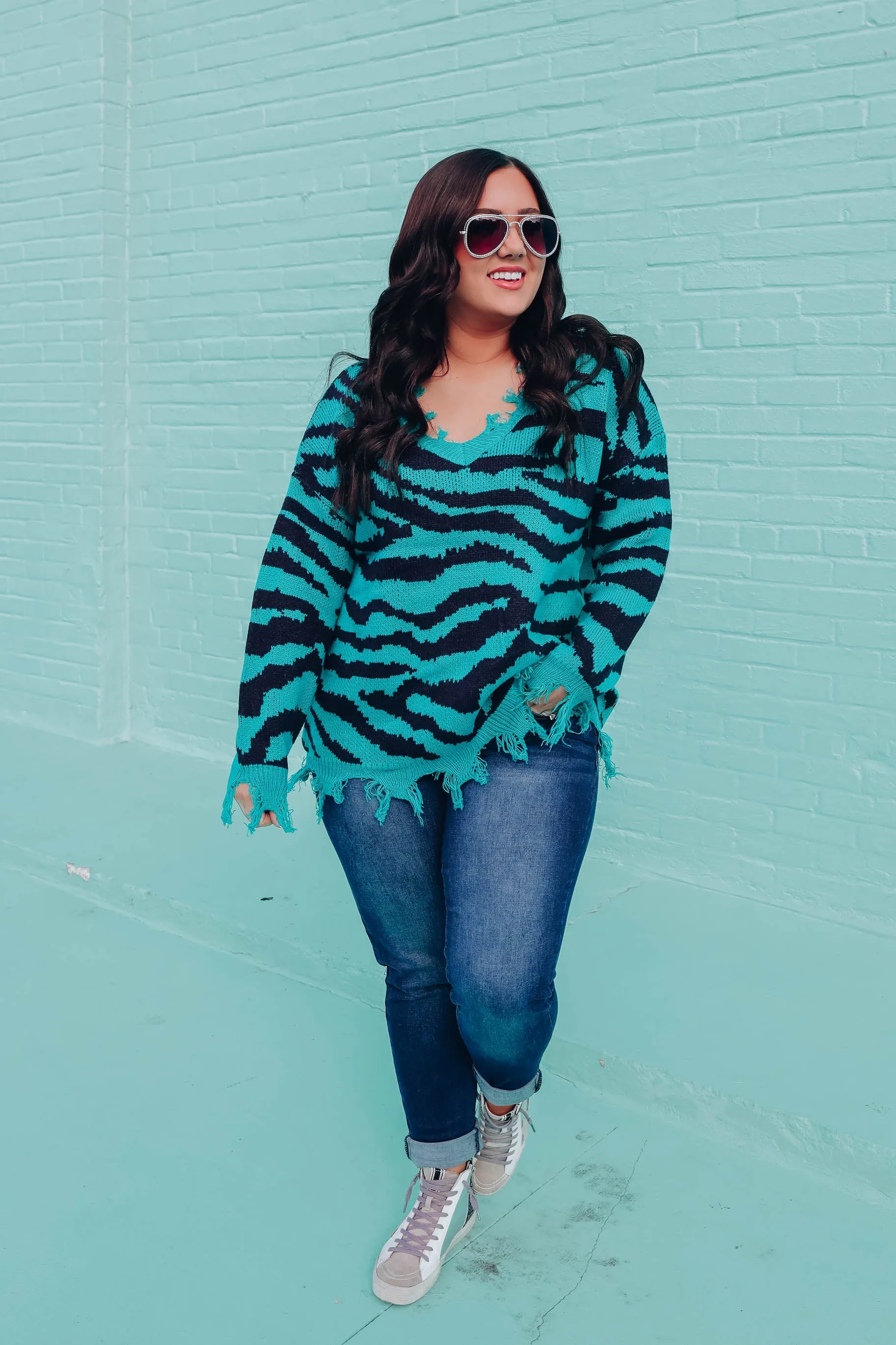 Alexia Distressed Zebra Sweater - Teal