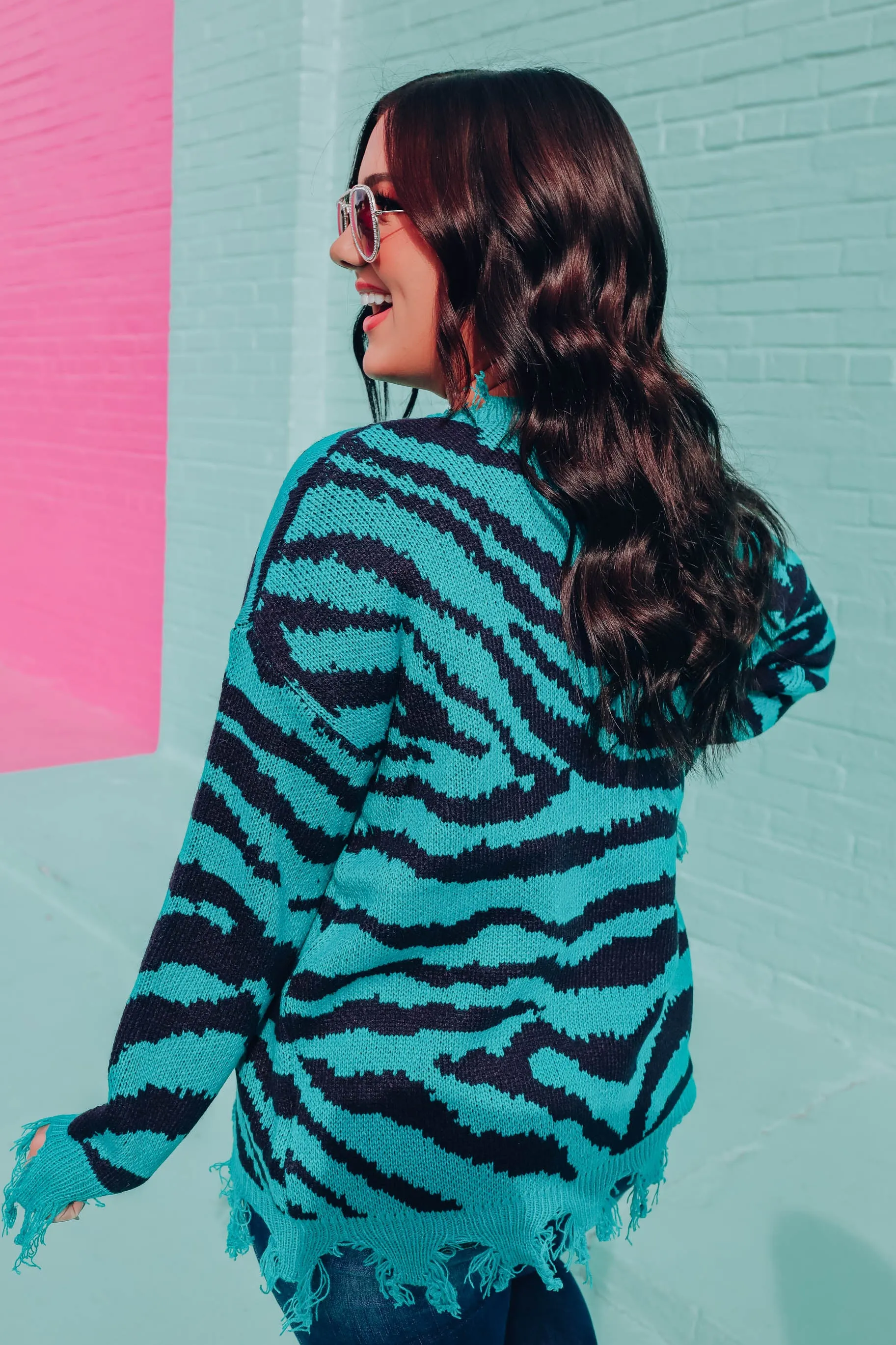 Alexia Distressed Zebra Sweater - Teal