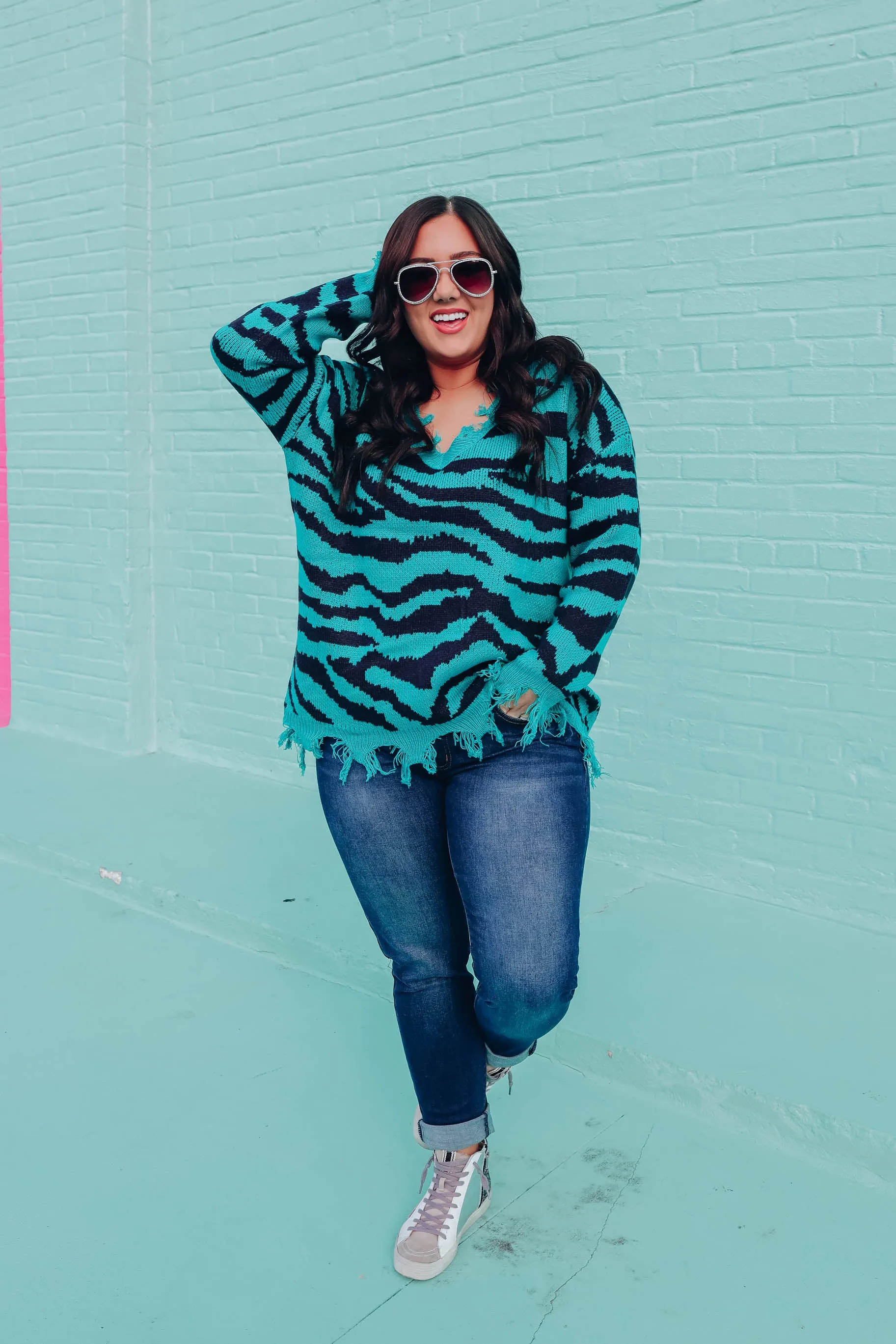 Alexia Distressed Zebra Sweater - Teal