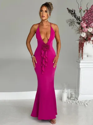 Amozae-A 3D Flower Deep V Neck Sexy Maxi Dress For Women Fashion Spaghetti Strap Sleeveless Backless Club Party Sexy Dress