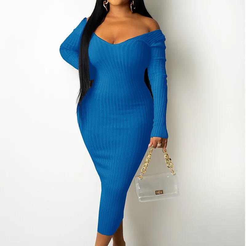 Amozae-Back to College Women Slim Ribbed Maxi Dress Off Shoulder Elastic Long Sleeve Maxi Dress Winter   Basic V-neck Strapless Bodycon Dress