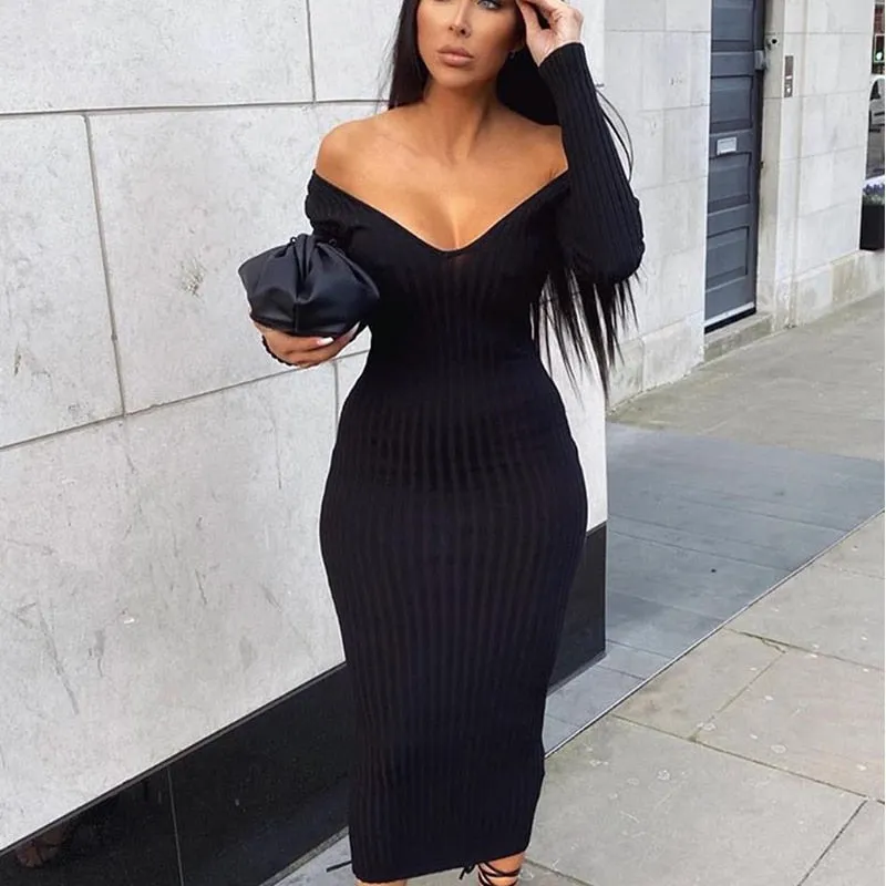 Amozae-Back to College Women Slim Ribbed Maxi Dress Off Shoulder Elastic Long Sleeve Maxi Dress Winter   Basic V-neck Strapless Bodycon Dress