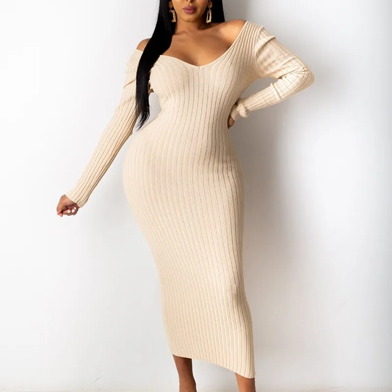 Amozae-Back to College Women Slim Ribbed Maxi Dress Off Shoulder Elastic Long Sleeve Maxi Dress Winter   Basic V-neck Strapless Bodycon Dress