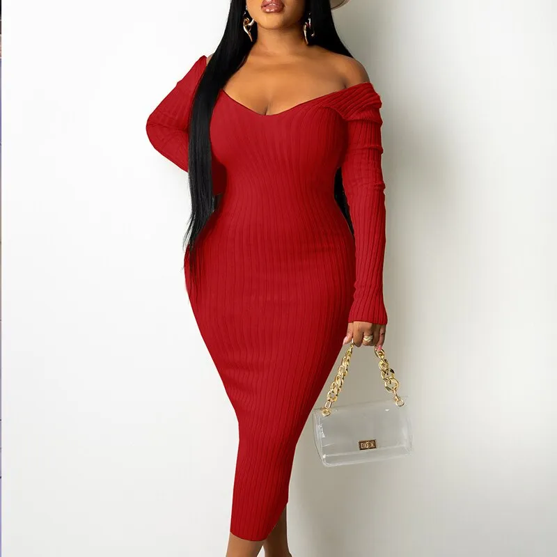 Amozae-Back to College Women Slim Ribbed Maxi Dress Off Shoulder Elastic Long Sleeve Maxi Dress Winter   Basic V-neck Strapless Bodycon Dress