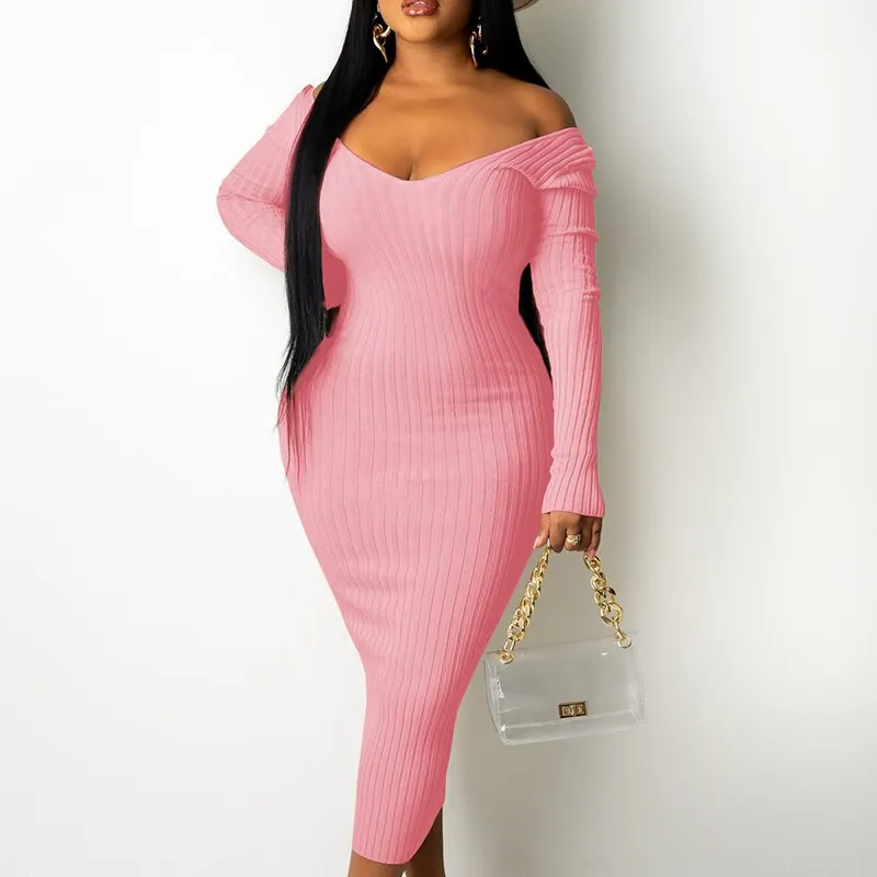 Amozae-Back to College Women Slim Ribbed Maxi Dress Off Shoulder Elastic Long Sleeve Maxi Dress Winter   Basic V-neck Strapless Bodycon Dress