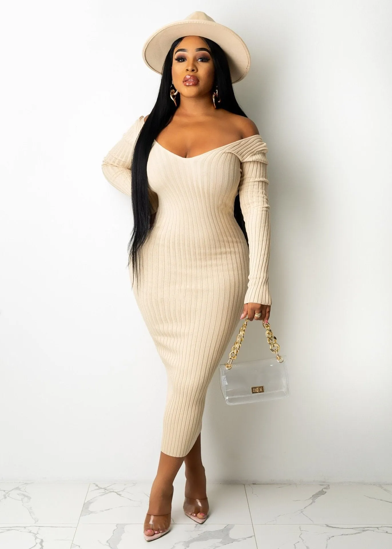 Amozae-Back to College Women Slim Ribbed Maxi Dress Off Shoulder Elastic Long Sleeve Maxi Dress Winter   Basic V-neck Strapless Bodycon Dress