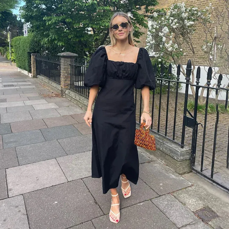 Amozae Maxi Summer Puff Sleeve Holiday Dress Black Square Neck Party Dresses Casual A Line Women Dress 2024