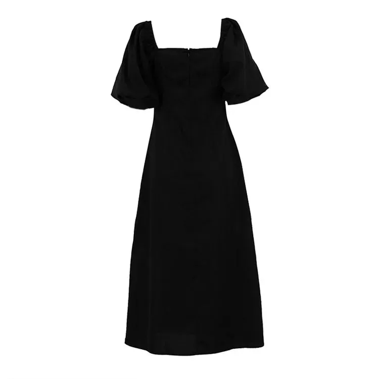 Amozae Maxi Summer Puff Sleeve Holiday Dress Black Square Neck Party Dresses Casual A Line Women Dress 2024