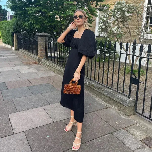 Amozae Maxi Summer Puff Sleeve Holiday Dress Black Square Neck Party Dresses Casual A Line Women Dress 2024