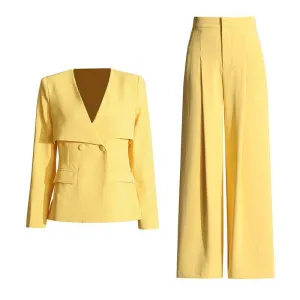 Anna V-neck blazer  high waisted pleated wide leg pants set