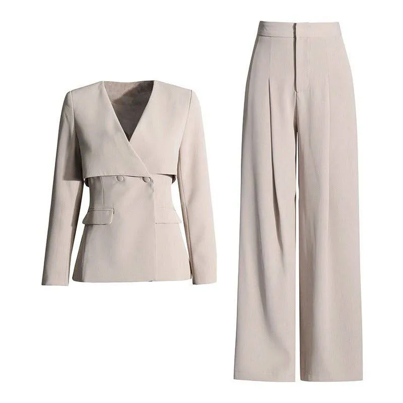 Anna V-neck blazer  high waisted pleated wide leg pants set