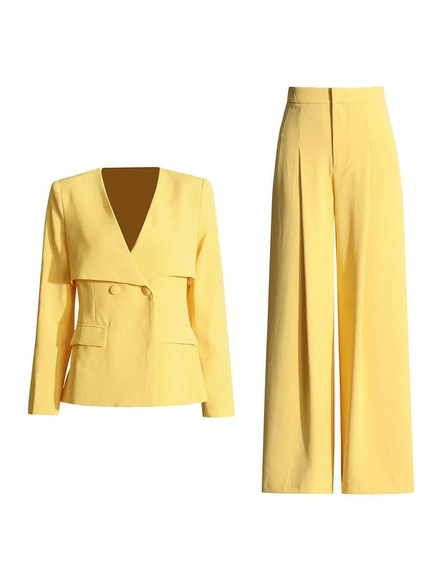 Anna V-neck blazer  high waisted pleated wide leg pants set