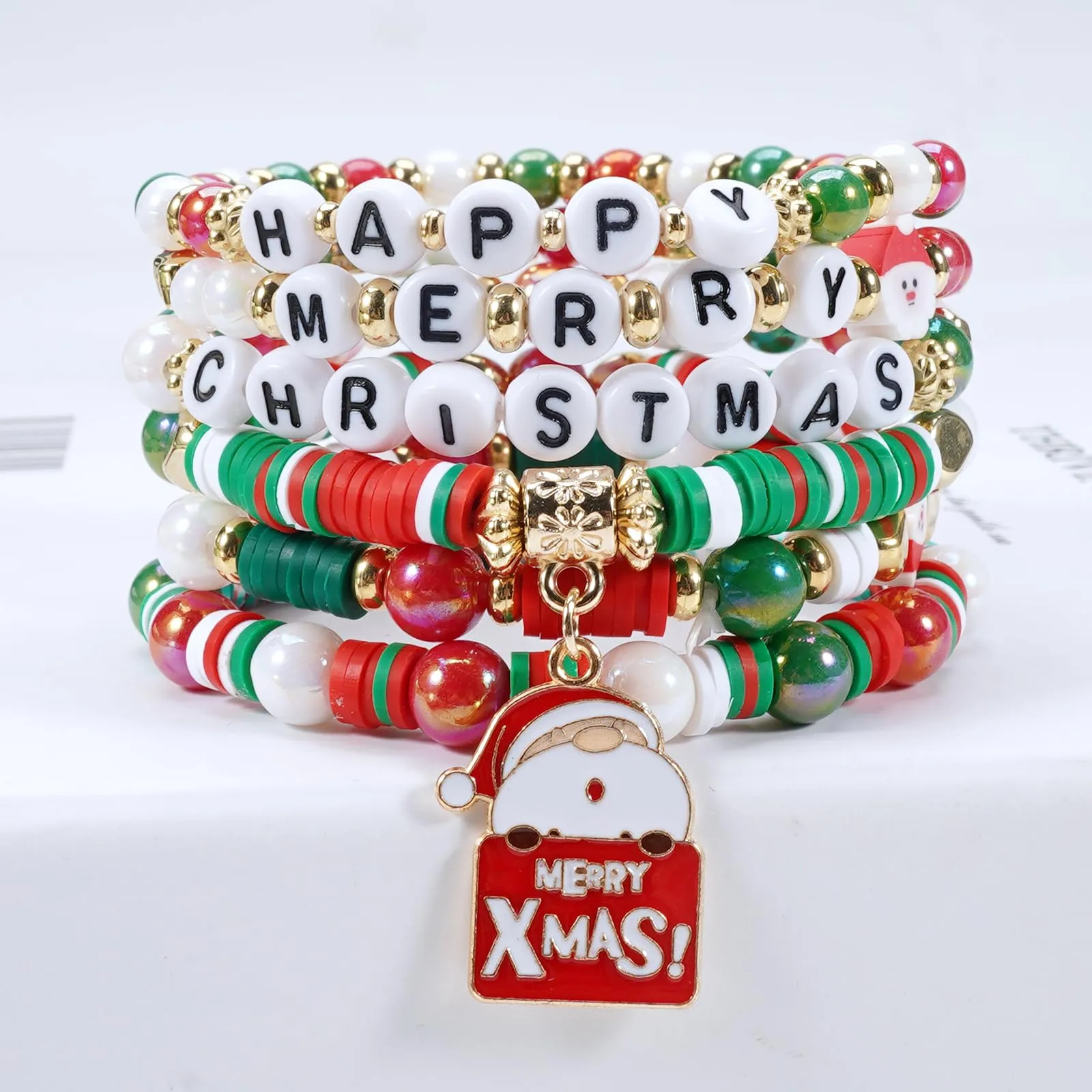 Ardorchid Christmas Heishi Bracelets for Women Cute Snowflake Santa Claus Stackable Clay Beaded Stretch Bracelets Merry Christmas Party Bracelet Jewelry