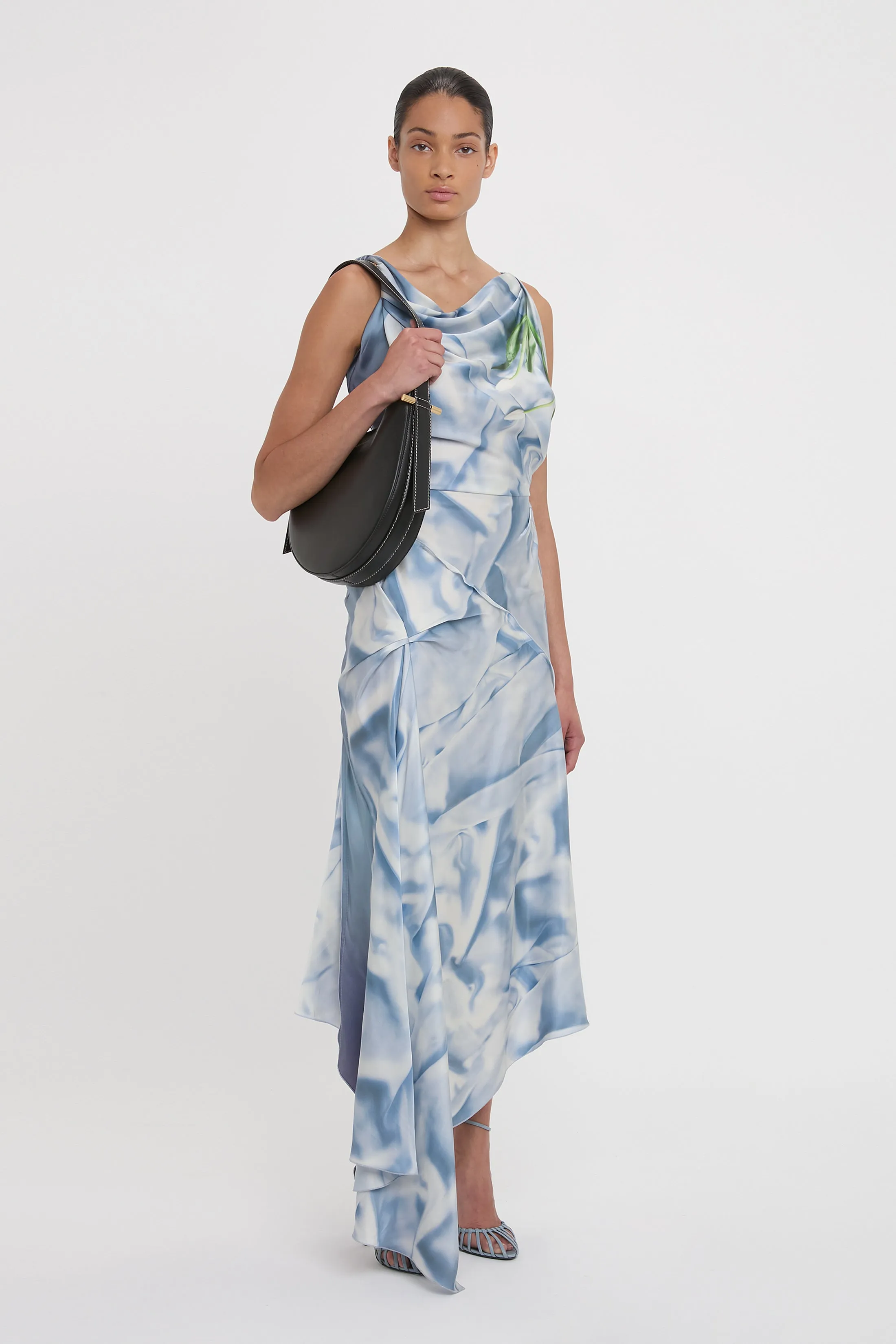 Asymmetric Draped Midi Dress In Ice Blue Satin Flowers