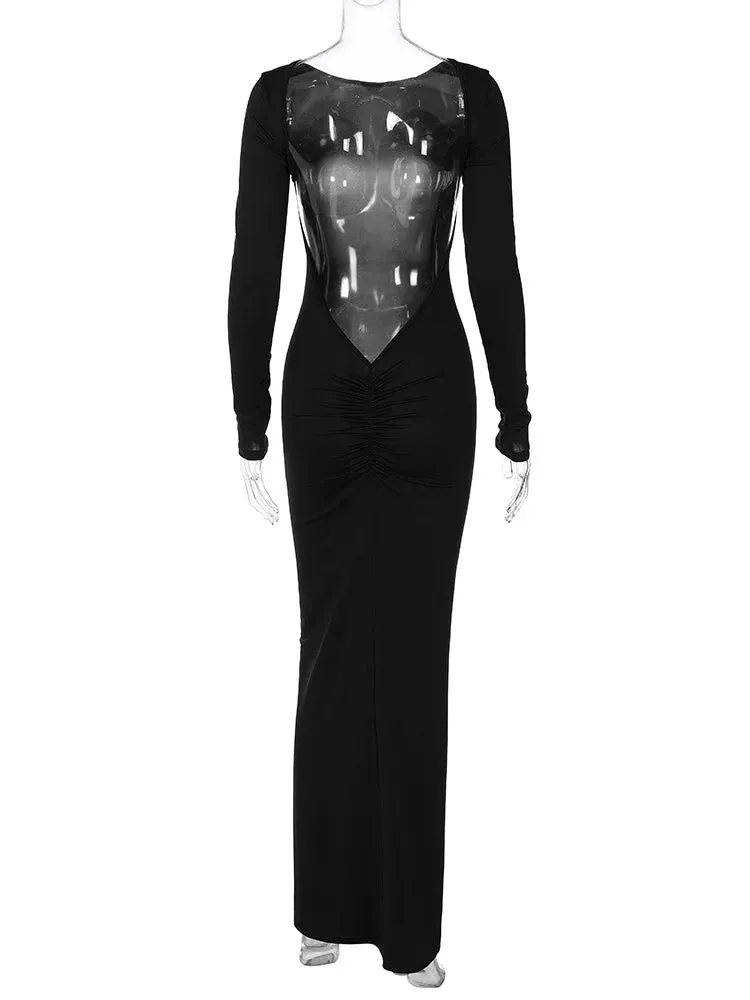 Backless Ruched Maxi Dress - Long Sleeve Sexy Party Evening Outfit for Women - 2024 Spring Summer Collection